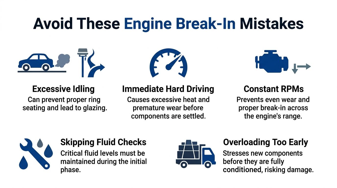 An infographic titled Avoid These Engine Break-In Mistakes, listing five common errors to avoid for new engines.