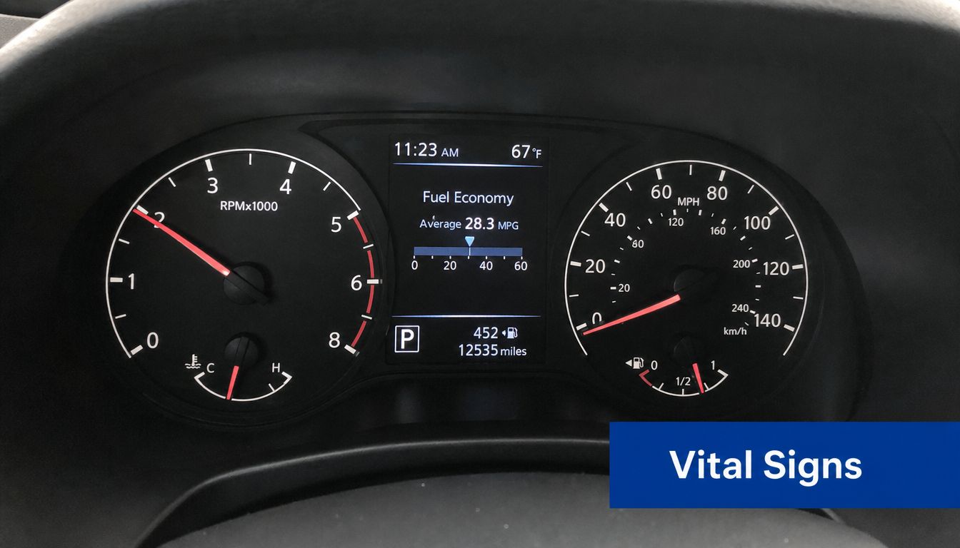 A car dashboard displaying vehicle information including engine speed, fuel economy, gear status, and total mileage.