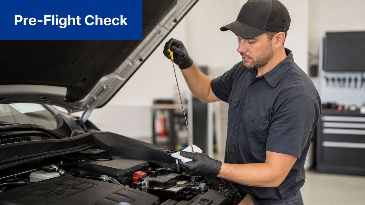 A professional auto mechanic in a garage checking the oil level of a vehicle engine with a dipstick.