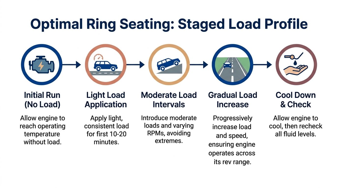 A five-step infographic showing the optimal ring seating process for an engine using a staged load profile.