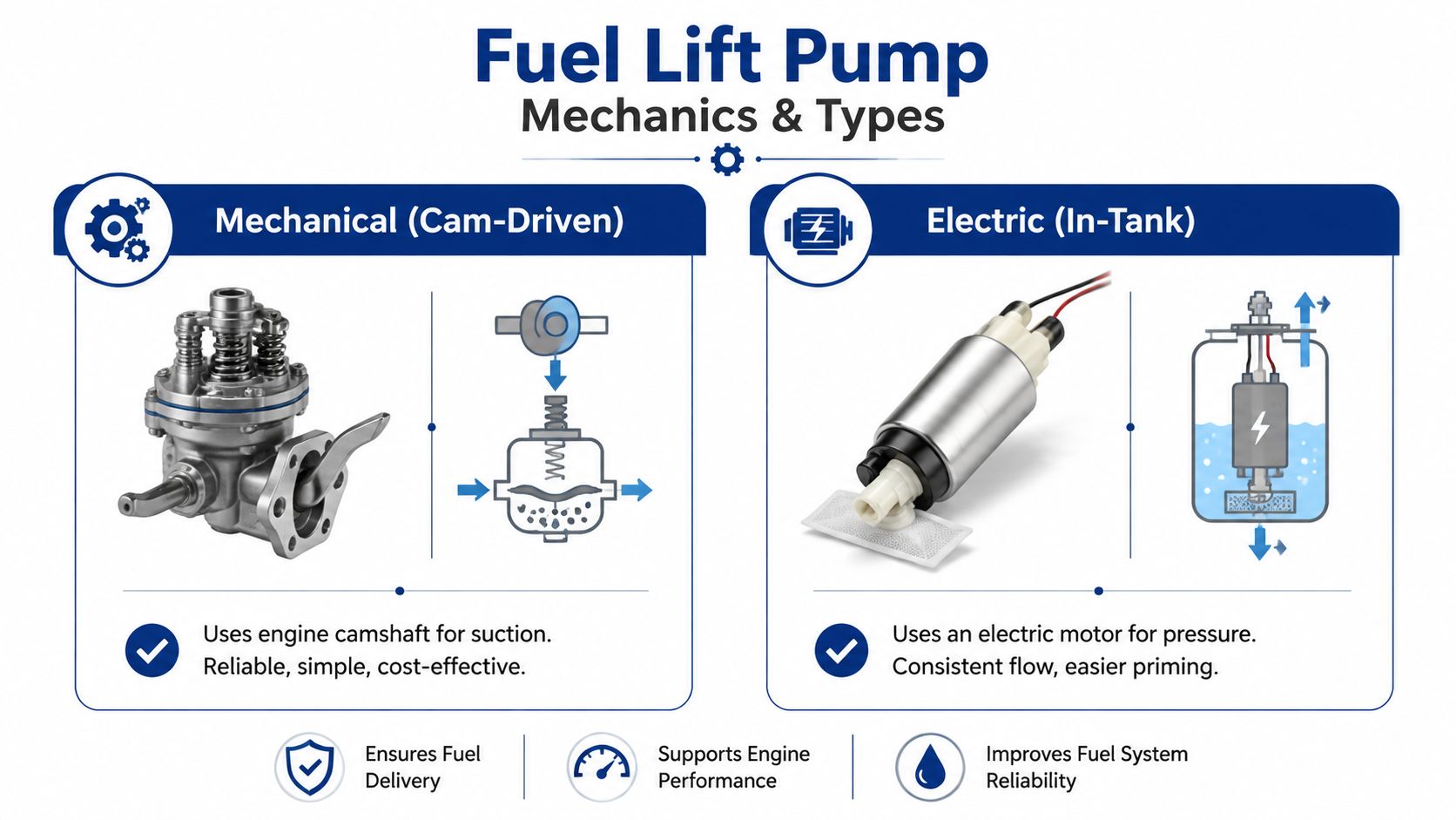 An educational infographic showing the differences between mechanical cam-driven and electric in-tank fuel lift pumps.